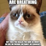 when your breathing | WHEN YOU ARE BREATHING; BUT THEN YOU REALIZE YOU HAVE NO MONEY, NO JOB, NO FRIENDS, NO FAMILY, NO CURRENCY, NO TALENT, NO SKILLS, NO EDUCATION, NO BRAIN, NO TOILET, NO FOOD, WATER, NO TOILET PAPER AND NO LIFE | image tagged in memes,grumpy cat | made w/ Imgflip meme maker