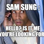 man in closet on phone | SAM SUNG : HELLO? IS IT ME YOU'RE LOOKING FOR? | image tagged in man in closet on phone | made w/ Imgflip meme maker