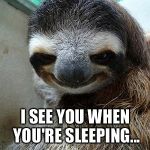 Creeper Sloth | I SEE YOU WHEN YOU'RE SLEEPING... | image tagged in creeper sloth | made w/ Imgflip meme maker