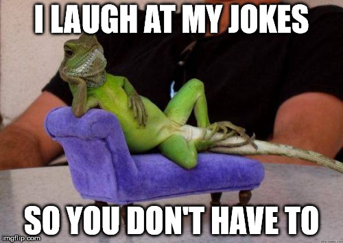 Sassy Iguana | I LAUGH AT MY JOKES; SO YOU DON'T HAVE TO | image tagged in memes,sassy iguana | made w/ Imgflip meme maker