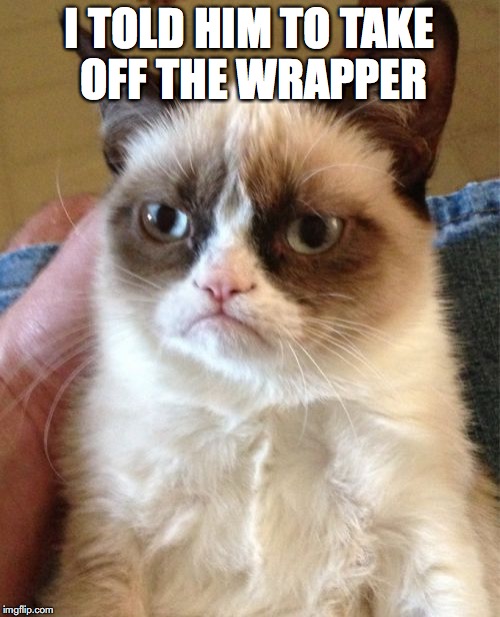 Grumpy Cat Meme | I TOLD HIM TO TAKE OFF THE WRAPPER | image tagged in memes,grumpy cat | made w/ Imgflip meme maker