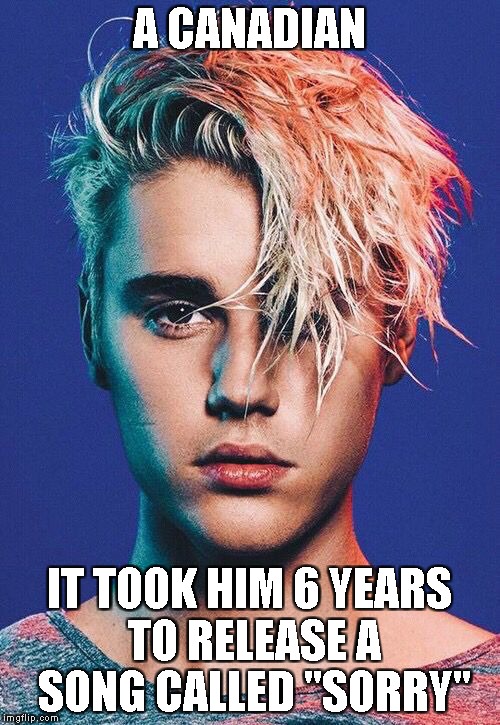Great.Now I have to smash my PC and bury it somewhere far from where I live for Googling "Justin Bieber" for this image | A CANADIAN; IT TOOK HIM 6 YEARS TO RELEASE A SONG CALLED "SORRY" | image tagged in memes,powermetalhead,canadian,funny,justin bieber,sorry | made w/ Imgflip meme maker