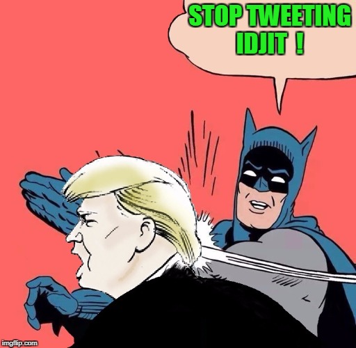 Batman slaps Trump | STOP TWEETING IDJIT  ! | image tagged in batman slaps trump | made w/ Imgflip meme maker