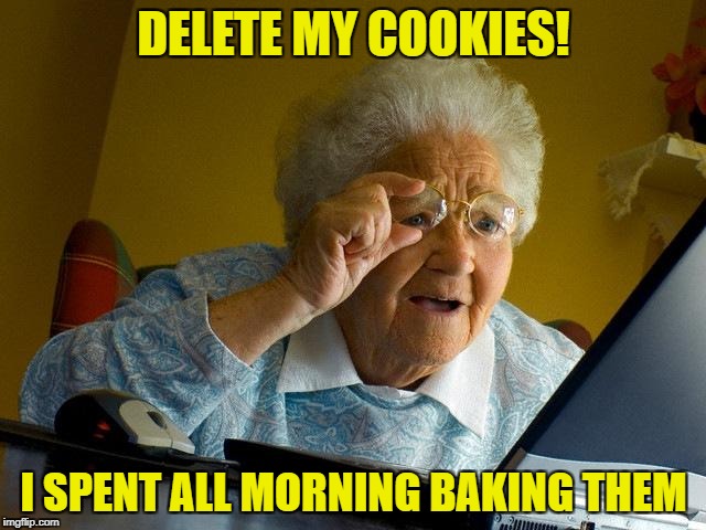 Grandma Finds The Internet | DELETE MY COOKIES! I SPENT ALL MORNING BAKING THEM | image tagged in memes,grandma finds the internet | made w/ Imgflip meme maker