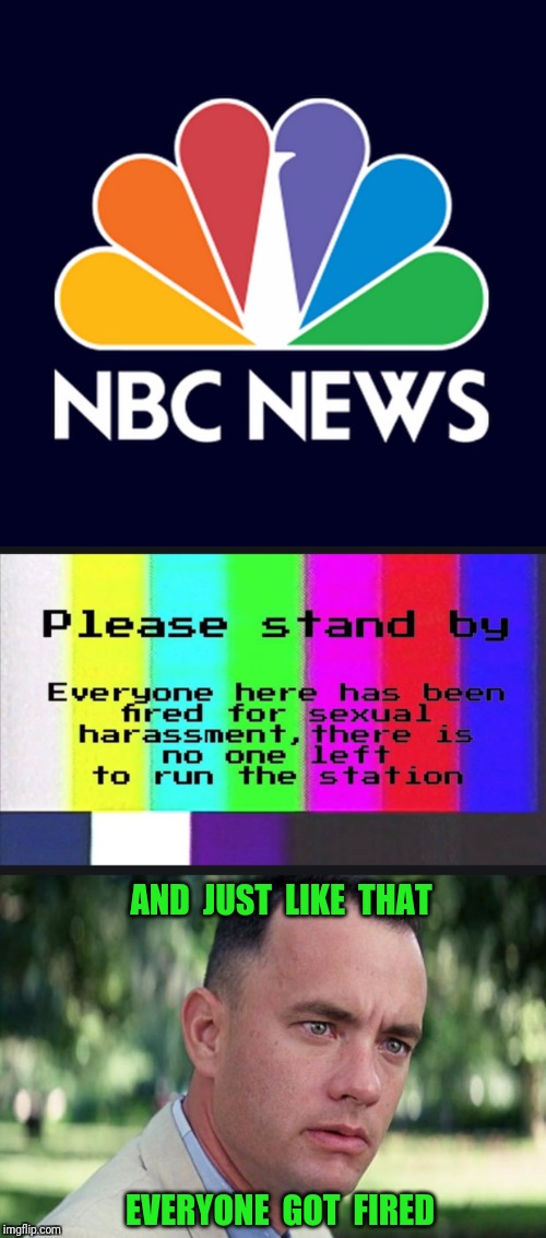 Sign of the times. | AND  JUST  LIKE  THAT; EVERYONE  GOT  FIRED | image tagged in nbc,nbc news,matt lauer,sexual harassment | made w/ Imgflip meme maker
