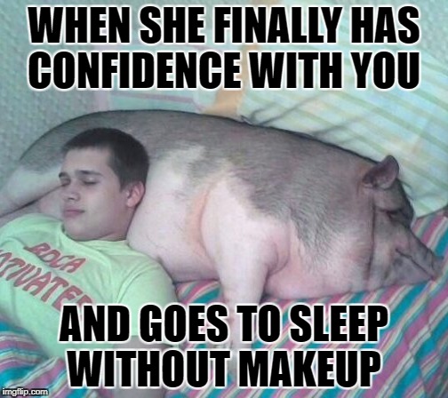 little pig | WHEN SHE FINALLY HAS CONFIDENCE WITH YOU; AND GOES TO SLEEP WITHOUT MAKEUP | image tagged in pig | made w/ Imgflip meme maker