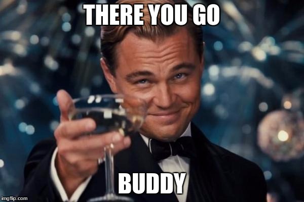 THERE YOU GO BUDDY | image tagged in memes,leonardo dicaprio cheers | made w/ Imgflip meme maker