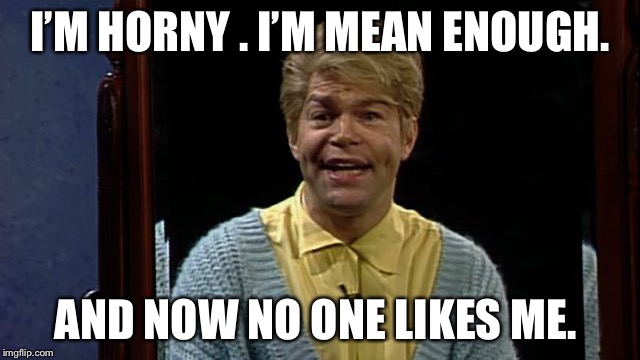 Today’s affirmation  | I’M HORNY . I’M MEAN ENOUGH. AND NOW NO ONE LIKES ME. | image tagged in stuart smalley,al franken | made w/ Imgflip meme maker