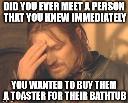 A perfect Christmas gift that keeps on giving | DID YOU EVER MEET A PERSON THAT YOU KNEW IMMEDIATELY; YOU WANTED TO BUY THEM A TOASTER FOR THEIR BATHTUB | image tagged in frustrate boromir,stupid people,gifts,intuition | made w/ Imgflip meme maker