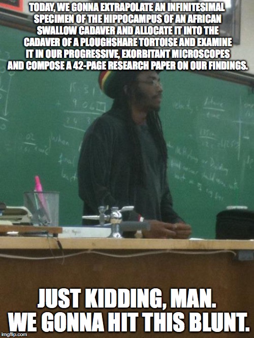 Rasta Science Teacher | TODAY, WE GONNA EXTRAPOLATE AN INFINITESIMAL SPECIMEN OF THE HIPPOCAMPUS OF AN AFRICAN SWALLOW CADAVER AND ALLOCATE IT INTO THE CADAVER OF A PLOUGHSHARE TORTOISE AND EXAMINE IT IN OUR PROGRESSIVE, EXORBITANT MICROSCOPES AND COMPOSE A 42-PAGE RESEARCH PAPER ON OUR FINDINGS. JUST KIDDING, MAN. WE GONNA HIT THIS BLUNT. | image tagged in memes,rasta science teacher | made w/ Imgflip meme maker