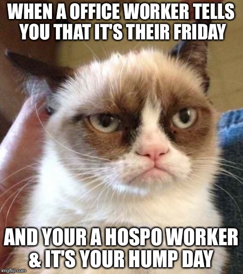 Grumpy Cat Reverse | WHEN A OFFICE WORKER TELLS YOU THAT IT'S THEIR FRIDAY; AND YOUR A HOSPO WORKER & IT'S YOUR HUMP DAY | image tagged in memes,grumpy cat reverse,grumpy cat | made w/ Imgflip meme maker