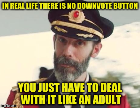  Down With Downvotes Weekend Dec 8-10, a JBmemegeek, 1forpeace & isayisay campaign. | IN REAL LIFE THERE IS NO DOWNVOTE BUTTON; YOU JUST HAVE TO DEAL WITH IT LIKE AN ADULT | image tagged in captain obvious,down with downvotes weekend,deal with it,butthurt,in real life,memes | made w/ Imgflip meme maker