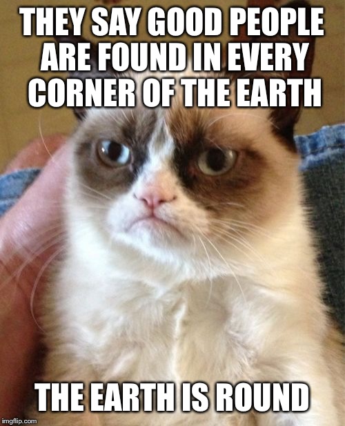 Grumpy Cat | THEY SAY GOOD PEOPLE ARE FOUND IN EVERY CORNER OF THE EARTH; THE EARTH IS ROUND | image tagged in memes,grumpy cat | made w/ Imgflip meme maker