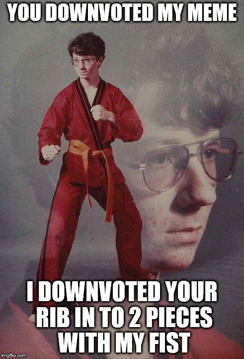 Down With Downvotes Weekend Dec 8-10, a JBmemegeek, 1forpeace & isayisay campaign! | YOU DOWNVOTED MY MEME; I DOWNVOTED YOUR RIB IN TO 2 PIECES WITH MY FIST | image tagged in memes,karate kyle | made w/ Imgflip meme maker