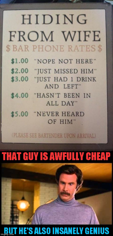 Bet this guy makes extra 10 dollars every day! | THAT GUY IS AWFULLY CHEAP; BUT HE'S ALSO INSANELY GENIUS | image tagged in memes,bartender,wife,cheap,powermetalhead,genius | made w/ Imgflip meme maker