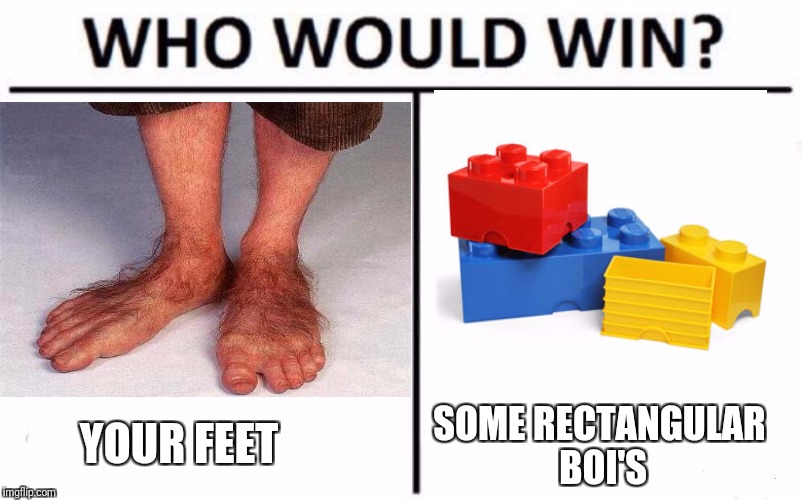 Rest in pieces  | SOME RECTANGULAR BOI'S; YOUR FEET | image tagged in who would win,lego,legos,feet,foot | made w/ Imgflip meme maker
