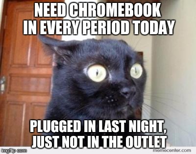 Scared Cat | NEED CHROMEBOOK IN EVERY PERIOD TODAY; PLUGGED IN LAST NIGHT, JUST NOT IN THE OUTLET | image tagged in scared cat | made w/ Imgflip meme maker