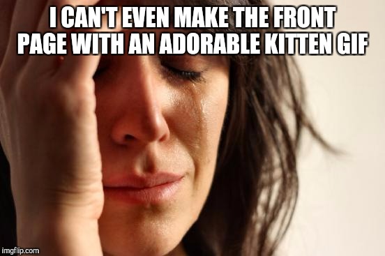 I'm ready to give up when I can't even make the front page with a cute kitten gif.... :(  | I CAN'T EVEN MAKE THE FRONT PAGE WITH AN ADORABLE KITTEN GIF | image tagged in memes,first world problems,jbmemegeek,kitten,front page | made w/ Imgflip meme maker