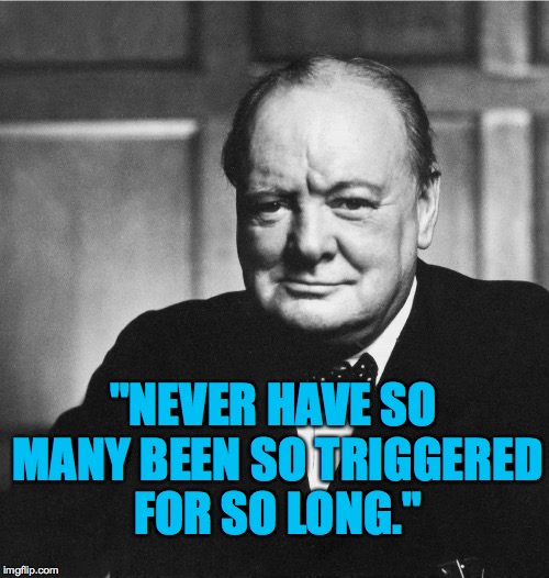 When your psychological state is basically shifted from normal. | "NEVER HAVE SO MANY BEEN SO TRIGGERED FOR SO LONG." | image tagged in memes,winston churchill,triggered | made w/ Imgflip meme maker