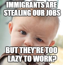 immigrants are stealing our jobs -- but they're too lazy to work? | IMMIGRANTS ARE STEALING OUR JOBS; BUT THEY'RE TOO LAZY TO WORK? | image tagged in memes,skeptical baby,immigrants,stealing jobs,lazy immigrants | made w/ Imgflip meme maker
