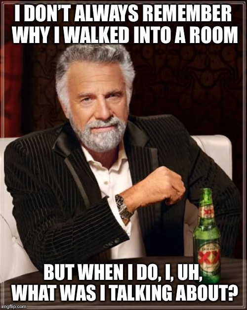 The Most Interesting Man In The World Meme | I DON’T ALWAYS REMEMBER WHY I WALKED INTO A ROOM BUT WHEN I DO, I, UH, WHAT WAS I TALKING ABOUT? | image tagged in memes,the most interesting man in the world | made w/ Imgflip meme maker