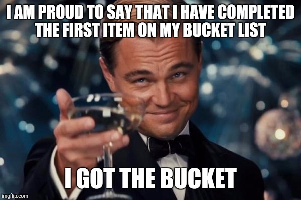 Leonardo Dicaprio Cheers | I AM PROUD TO SAY THAT I HAVE COMPLETED THE FIRST ITEM ON MY BUCKET LIST; I GOT THE BUCKET | image tagged in memes,leonardo dicaprio cheers | made w/ Imgflip meme maker