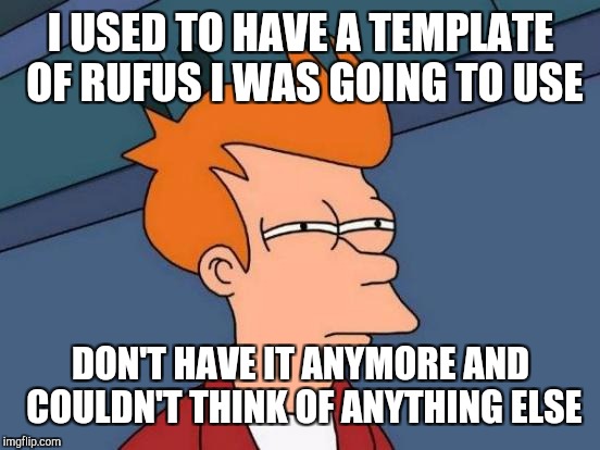 I USED TO HAVE A TEMPLATE OF RUFUS I WAS GOING TO USE DON'T HAVE IT ANYMORE AND COULDN'T THINK OF ANYTHING ELSE | image tagged in memes,futurama fry | made w/ Imgflip meme maker