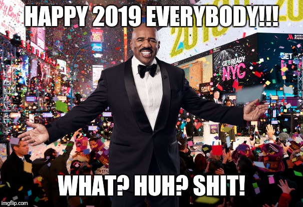 HAPPY NEW YEAR | HAPPY 2019 EVERYBODY!!! WHAT? HUH? SHIT! | image tagged in steve harvey,happy new year | made w/ Imgflip meme maker