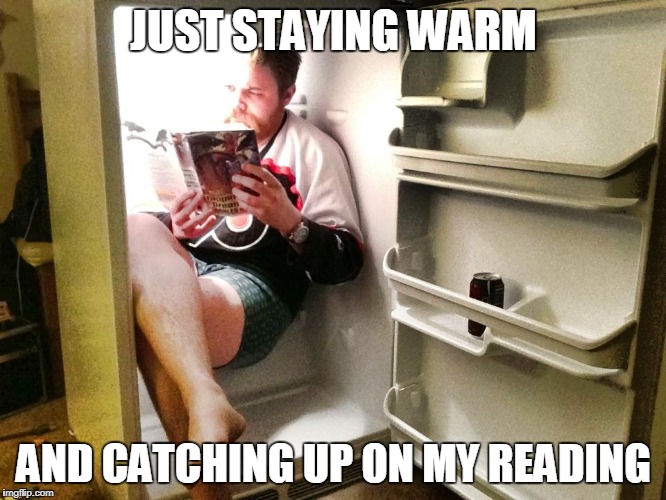 I curse the Cold | JUST STAYING WARM; AND CATCHING UP ON MY READING | image tagged in refrigerator,cold weather,reading | made w/ Imgflip meme maker