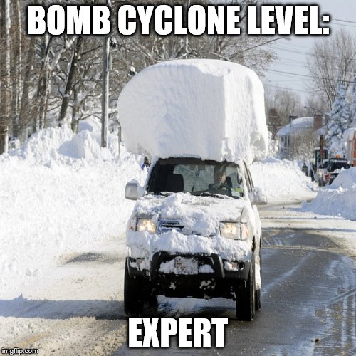 His car should be snow free in June | BOMB CYCLONE LEVEL:; EXPERT | image tagged in snow,winter storm,winter,cold weather,snow day | made w/ Imgflip meme maker