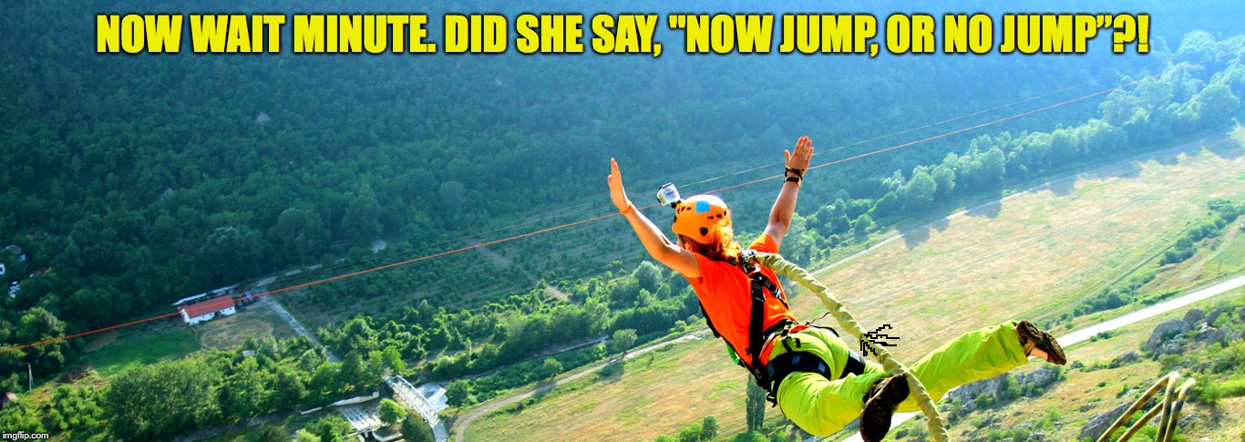 Next time use an air horn | NOW WAIT MINUTE. DID SHE SAY, "NOW JUMP, OR NO JUMP”?! | image tagged in bungee jumping,pronunciation,true story,aussie | made w/ Imgflip meme maker