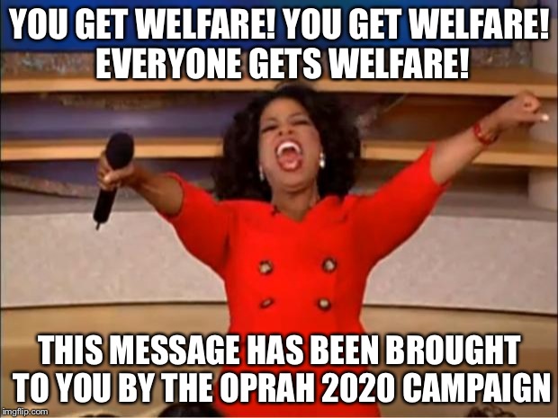 Oprah You Get A | YOU GET WELFARE! YOU GET WELFARE! EVERYONE GETS WELFARE! THIS MESSAGE HAS BEEN BROUGHT TO YOU BY THE OPRAH 2020 CAMPAIGN | image tagged in memes,oprah you get a | made w/ Imgflip meme maker
