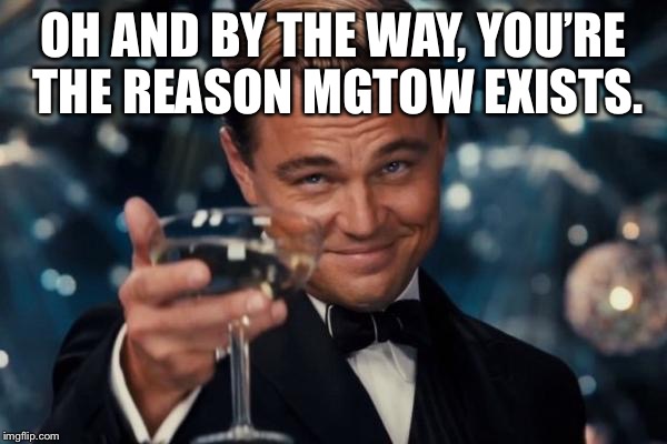 Leonardo Dicaprio Cheers Meme | OH AND BY THE WAY, YOU’RE THE REASON MGTOW EXISTS. | image tagged in memes,leonardo dicaprio cheers | made w/ Imgflip meme maker