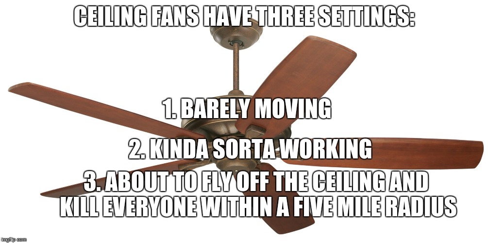 Ceiling fan | CEILING FANS HAVE THREE SETTINGS:; 1. BARELY MOVING; 2. KINDA SORTA WORKING; 3. ABOUT TO FLY OFF THE CEILING AND KILL EVERYONE WITHIN A FIVE MILE RADIUS | image tagged in ceiling fan | made w/ Imgflip meme maker