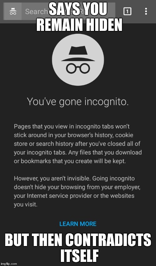 Incognito | SAYS YOU REMAIN HIDEN; BUT THEN CONTRADICTS ITSELF | image tagged in incognito | made w/ Imgflip meme maker