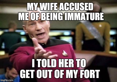 That's what I get for allowing a girl in my fort in the first place  | MY WIFE ACCUSED ME OF BEING IMMATURE; I TOLD HER TO GET OUT OF MY FORT | image tagged in memes,picard wtf,jbmemegeek | made w/ Imgflip meme maker