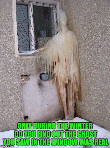 Frozen ghost for Ghost Week Jan. 21-27...A LaurynFlint Event | ONLY DURING THE WINTER DO YOU FIND OUT THE GHOST YOU SAW IN THE WINDOW WAS REAL | image tagged in frozen ghosts,memes,ghosts,funny,ghost week,freezing | made w/ Imgflip meme maker