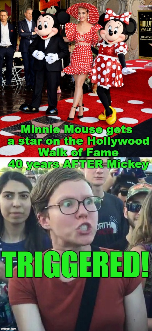 Minnie probably doesn't get paid as much as Mickey, either! | Minnie Mouse gets a star on the Hollywood Walk of Fame 40 years AFTER Mickey; TRIGGERED! | image tagged in minnie,mickey mouse,disney,triggered feminist,hollywood,pay | made w/ Imgflip meme maker