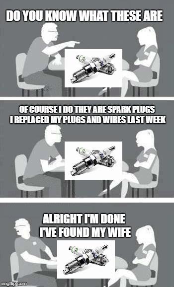 CAR GUY SPEED DATE | DO YOU KNOW WHAT THESE ARE; OF COURSE I DO THEY ARE SPARK PLUGS I REPLACED MY PLUGS AND WIRES LAST WEEK; ALRIGHT I'M DONE I'VE FOUND MY WIFE | image tagged in speed-date,car meme | made w/ Imgflip meme maker