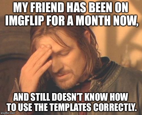 Frustrated Boromir | MY FRIEND HAS BEEN ON IMGFLIP FOR A MONTH NOW, AND STILL DOESN’T KNOW HOW TO USE THE TEMPLATES CORRECTLY. | image tagged in memes,frustrated boromir,idiots | made w/ Imgflip meme maker