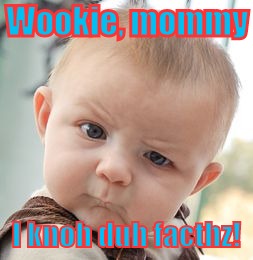 Skeptical Baby | Wookie, mommy; I knoh duh facthz! | image tagged in memes,skeptical baby | made w/ Imgflip meme maker