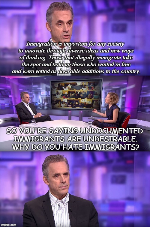 So You're Saying... | Immigration is important for any society to innovate through diverse ideas and new ways of thinking. Those that illegally immigrate take the spot and hold up those who waited in line and were vetted as desirable additions to the country. SO YOU'RE SAYING UNDOCUMENTED IMMIGRANTS ARE UNDESIRABLE. WHY DO YOU HATE IMMIGRANTS? | image tagged in jordan peterson vs feminist interviewer,hate,sjw,illegal immigrants,immigration | made w/ Imgflip meme maker