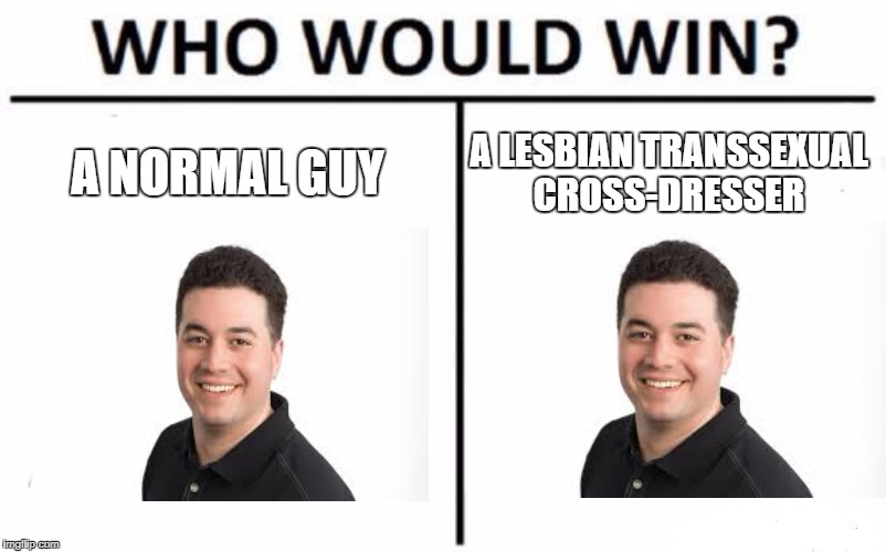 Who Would Win? Meme | A NORMAL GUY; A LESBIAN TRANSSEXUAL CROSS-DRESSER | image tagged in memes,who would win | made w/ Imgflip meme maker