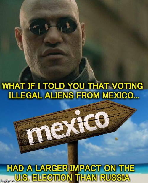 What nobody seems to be talking about | WHAT IF I TOLD YOU THAT VOTING ILLEGAL ALIENS FROM MEXICO... HAD A LARGER IMPACT ON THE U.S. ELECTION THAN RUSSIA | image tagged in election 2016,president trump,illegal immigration,mexico | made w/ Imgflip meme maker