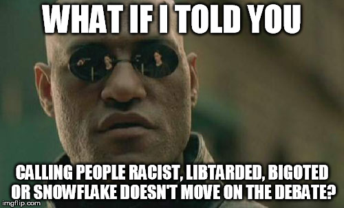 Matrix Morpheus | WHAT IF I TOLD YOU; CALLING PEOPLE RACIST, LIBTARDED, BIGOTED OR SNOWFLAKE DOESN'T MOVE ON THE DEBATE? | image tagged in memes,matrix morpheus | made w/ Imgflip meme maker