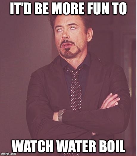 Face You Make Robert Downey Jr Meme | IT’D BE MORE FUN TO WATCH WATER BOIL | image tagged in memes,face you make robert downey jr | made w/ Imgflip meme maker