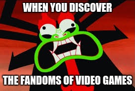 this is why aku's eyes are on fire all the time | WHEN YOU DISCOVER; THE FANDOMS OF VIDEO GAMES | image tagged in aku,memes,undertale,cuphead,fandom,bendy and the ink machine | made w/ Imgflip meme maker