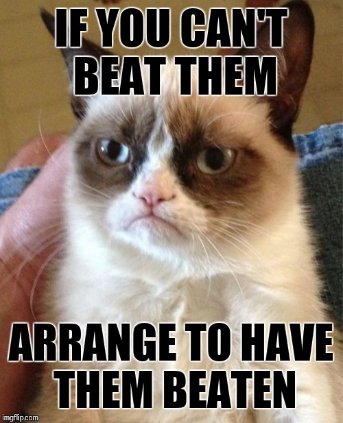 Grumpy Cat channels Carlin | IF YOU CAN'T BEAT THEM; ARRANGE TO HAVE THEM BEATEN | image tagged in memes,grumpy cat,george carlin | made w/ Imgflip meme maker