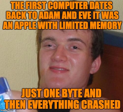 Just One | THE FIRST COMPUTER DATES BACK TO ADAM AND EVE IT WAS AN APPLE WITH LIMITED MEMORY; JUST ONE BYTE AND THEN EVERYTHING CRASHED | image tagged in memes,10 guy,funny,adam and eve,apple,computer | made w/ Imgflip meme maker