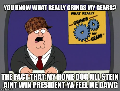 Not even a vote state won smh | YOU KNOW WHAT REALLY GRINDS MY GEARS? THE FACT THAT MY HOME DOG JILL STEIN AINT WIN PRESIDENT YA FEEL ME DAWG | image tagged in meme,scumbag,family guy,politics,jill stein | made w/ Imgflip meme maker